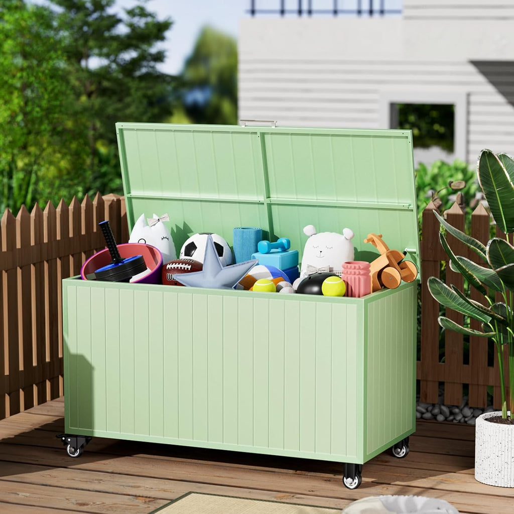 135 Gallon Outdoor Storage Box with Swivel Wheels, Waterproof Aluminum & Polylumber Deck Box, Patio Storage Box with Lid for Patio Furniture, Garden Tools, Outdoor Cushion