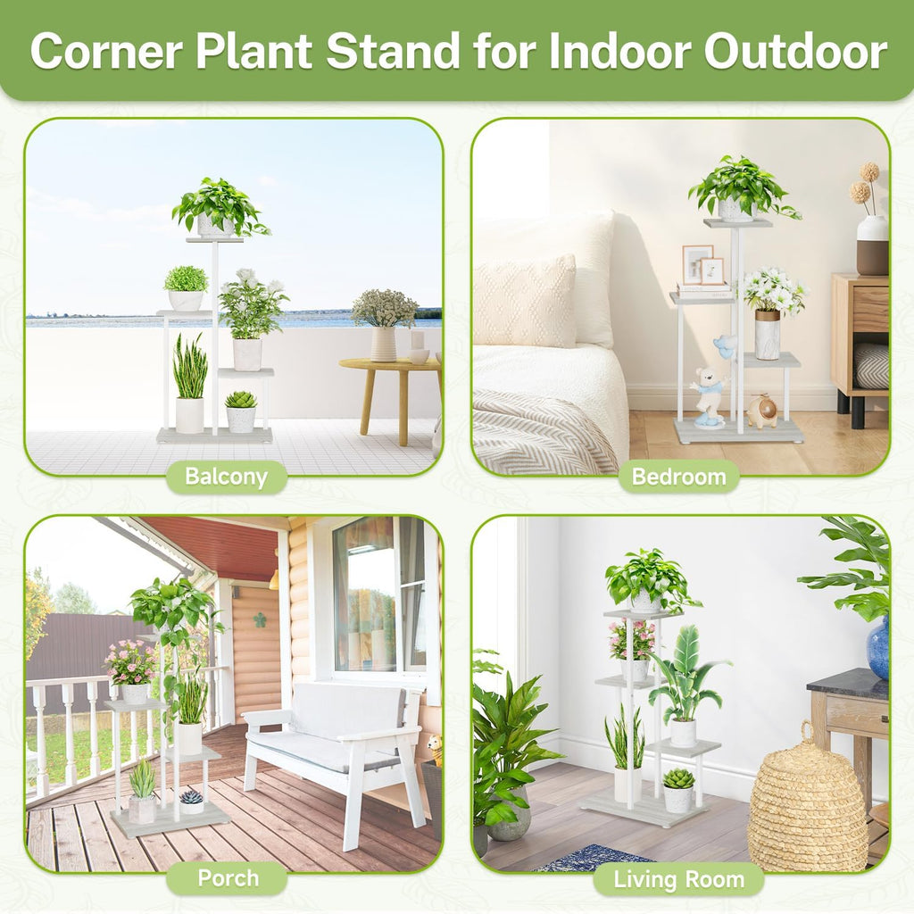 iDavosic.ly 4 Tier Plant Stand Indoor, Tiered Corner Plant Shelf for Multiple Plants, Metal Wood Tall Plant Display Rack Flower Holder for Patio Porch Garden Balcony Bedroom, White
