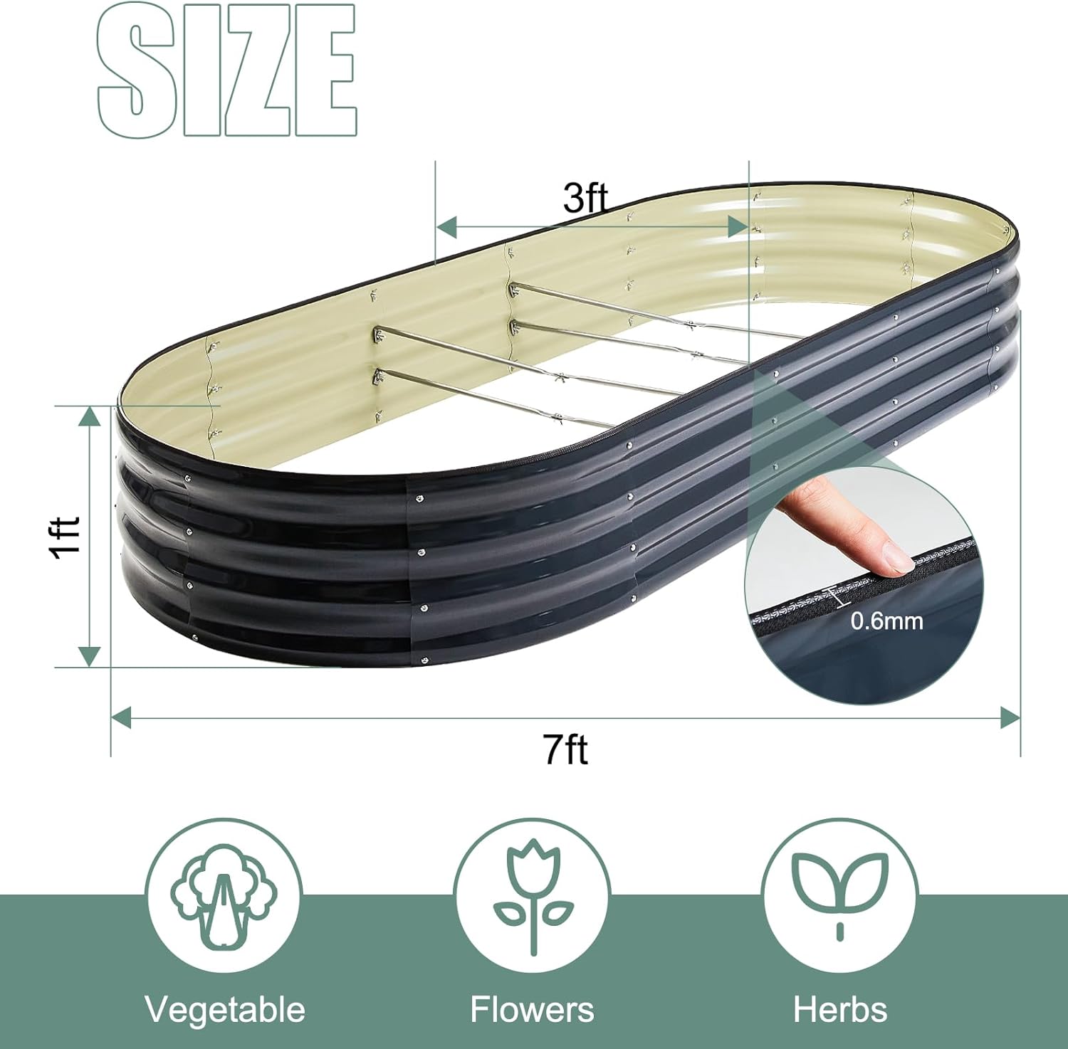 Galvanized Steel Raised Garden Bed 12" Tall Oval Galvanized Steel Raised Garden Bed - 7x3ft Oval Outdoor Planter Box with Rubber Edging (Grey)