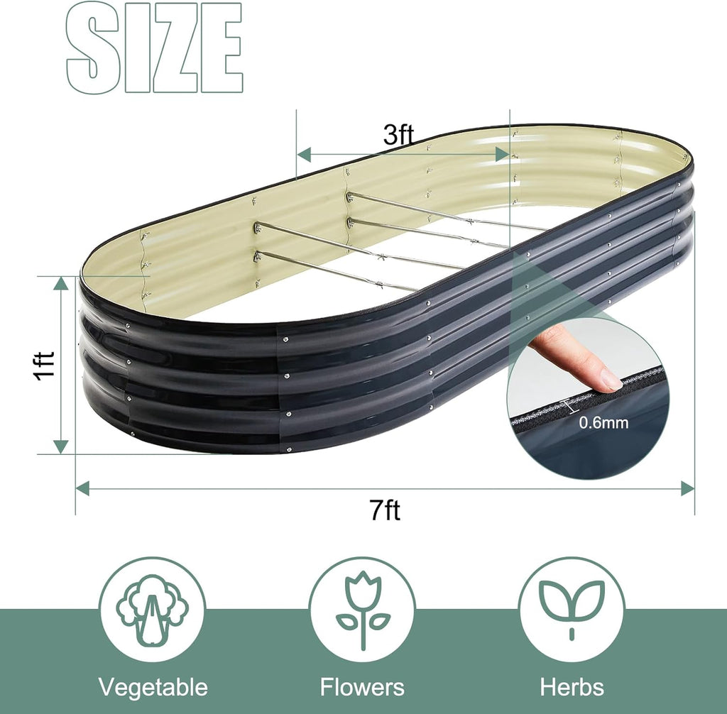 2Pcs 12" Tall Coal Grey Oval Galvanized Steel Raised Garden Bed - 7x3ft Modular Metal Planter Box for Outdoor Gardening | Durable Metal Raised Flower Beds Outdoor Large Planters