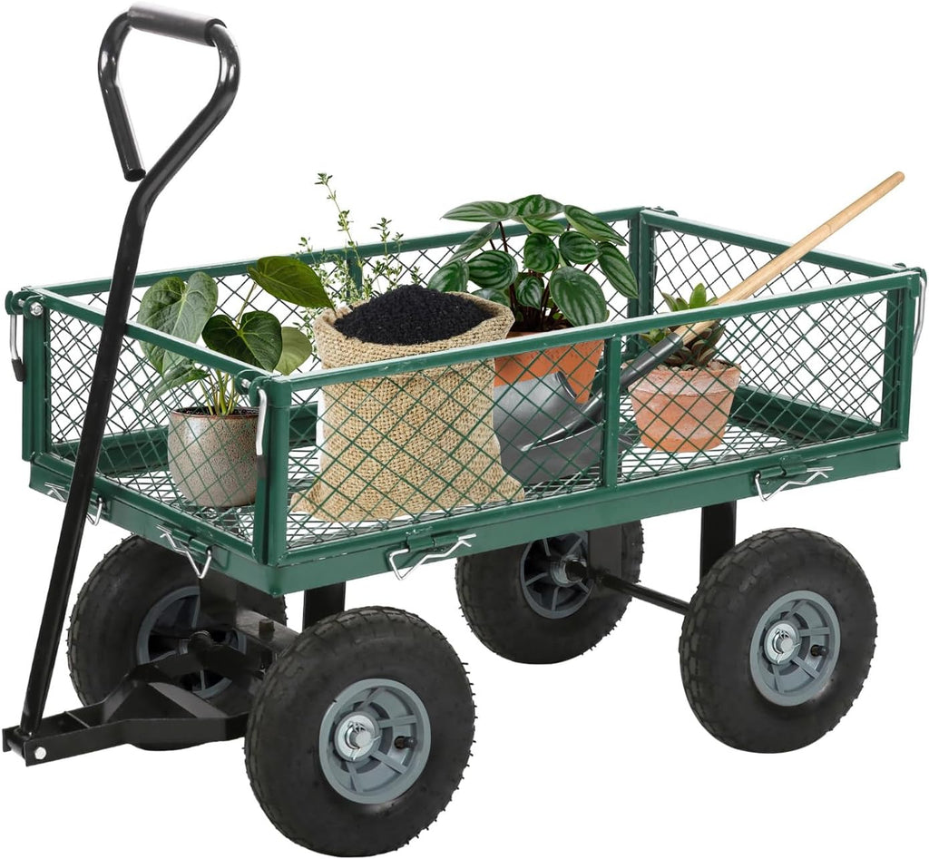 FDW Garden Cart Streel Heavy Duty 500 LBS Capacity，Utility Cart Wagon with Removable Sides and 180°Rotating Handle for Yard, Lawn and Garden Hauler (Dark Green)