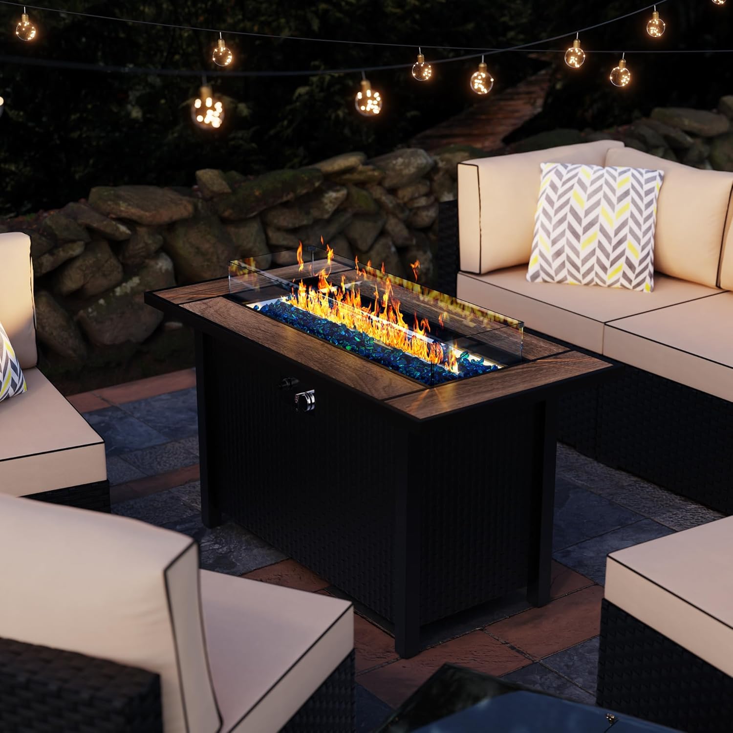 Meilocar 45in Fire Table, Propane Fire Pit with Glass Wind Guard and Rain Cover, Outdoor Firepit Table 50000 BTU 3-in-1 Fire Table for Patio/Yard/Balcony, Walnut Tabletop