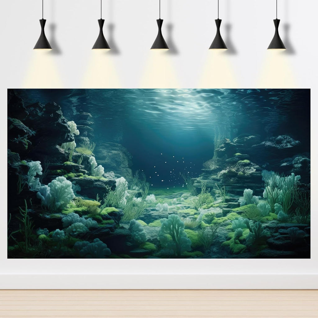 Aquarium Background Underwater Bioluminescent Life Coral Terrarium Backdrop White Coral Lush Moss Fish Tank Background Rock Sunlight Rays Tank Aquarium Wallpaper Poster Vinyl 36x20in
