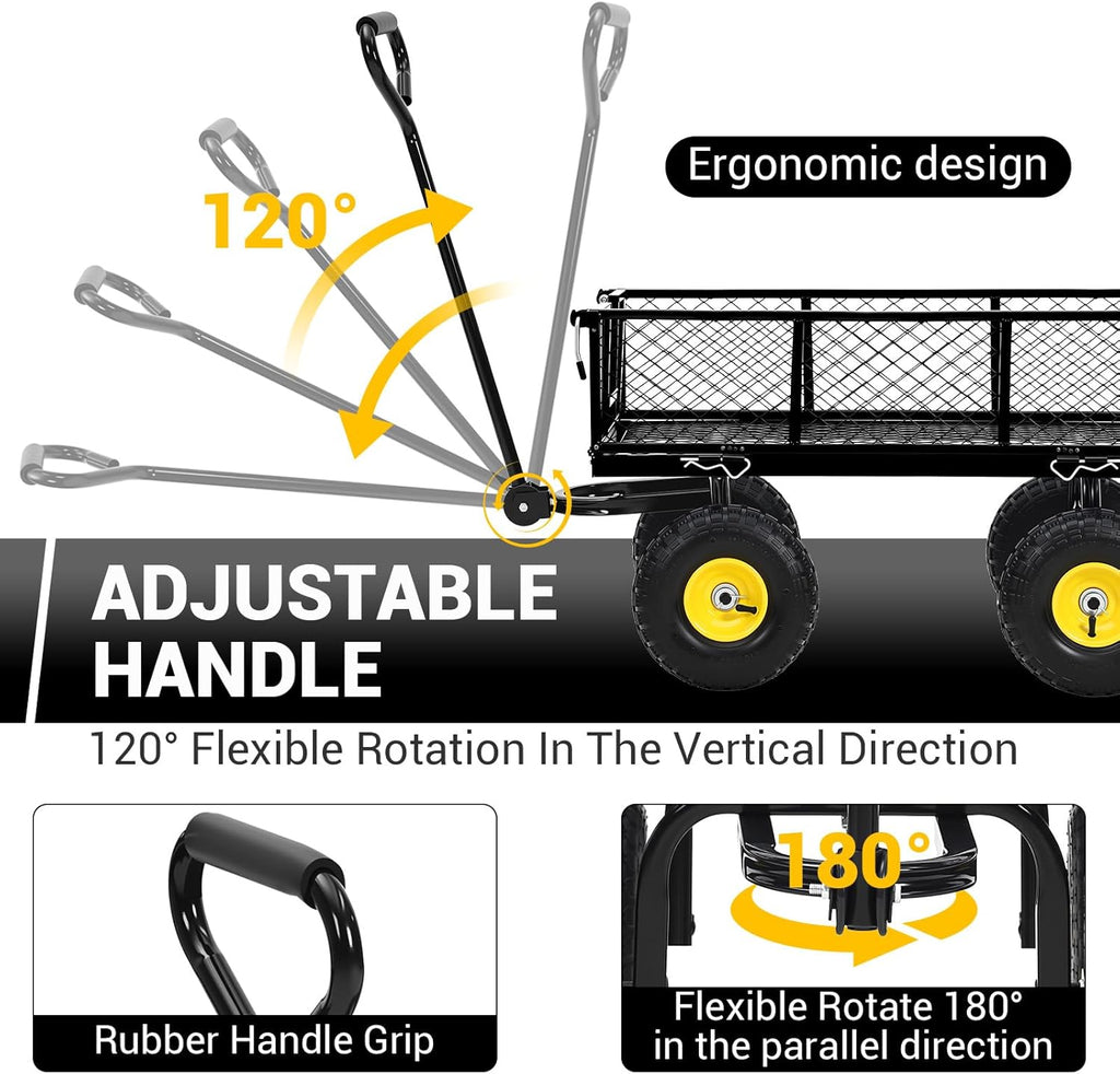 Steel Garden Cart, 550 LBS Heavy Duty Metal Garden Wagon with 10" Wheels, Metal Push Wagon with 180° Rotating Handle and Removable Sides for Farm, Yard