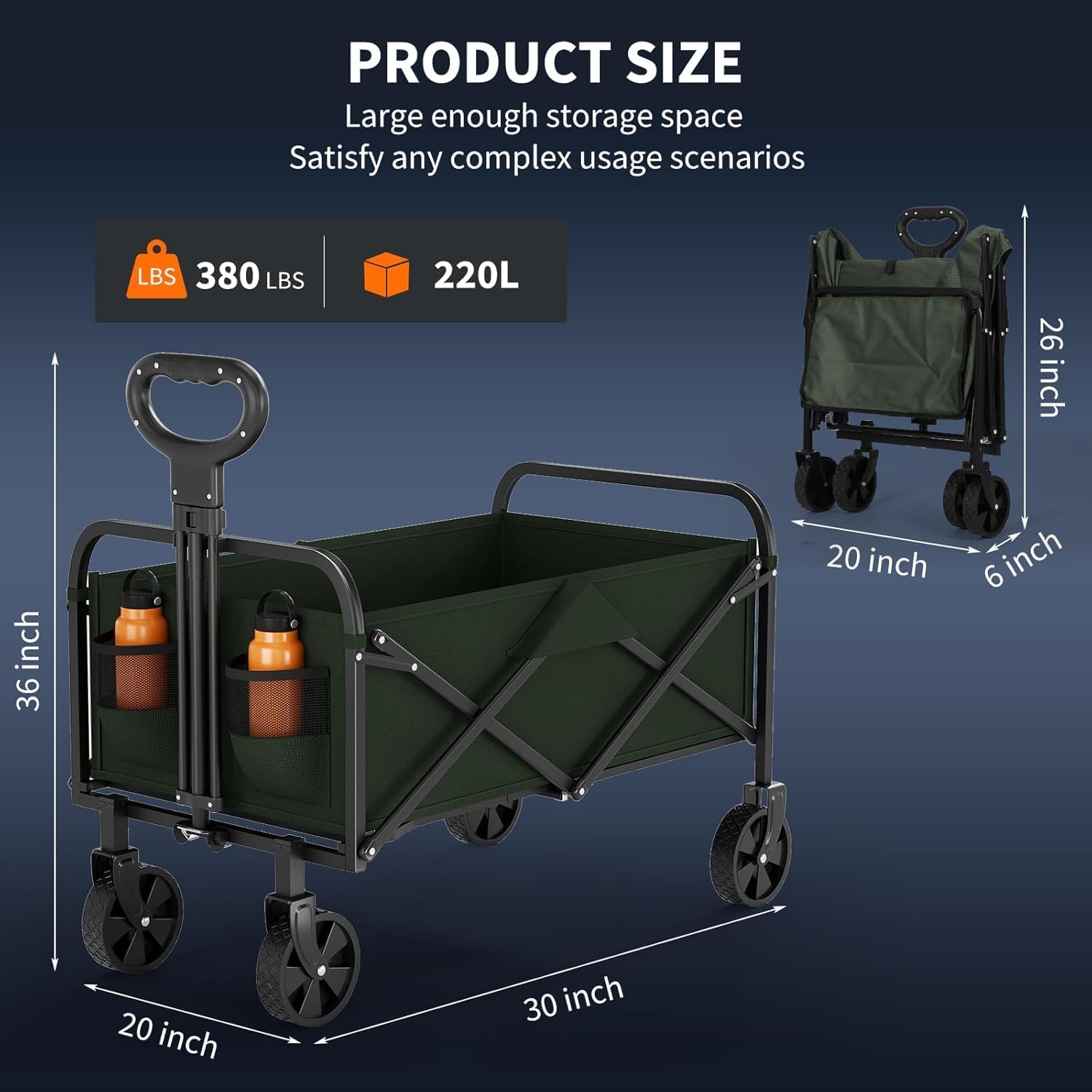 Foldable Wagon Cart, 380LBS Capacity Collapsible Wagon with All-Terrain Wheels, 220L Foldable Utility Cart & Grocery Cart on Wheels, Portable Lightweight 12LBS for Outdoor, Beach, Garden (Green)