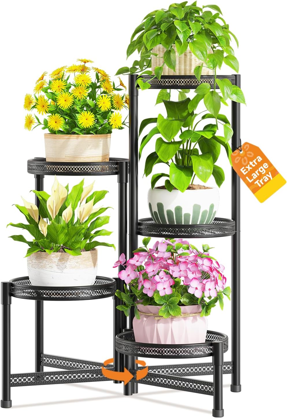 LASZOLA 5 Tiered Folding Tall Plant Stand for Indoor Outdoor Corner, Larger Heavy Duty Metal Adjustable Multiple Rack with 10 Inch Wide Hollow Tray, Flower Planter Holder for Modern House Patio, Black