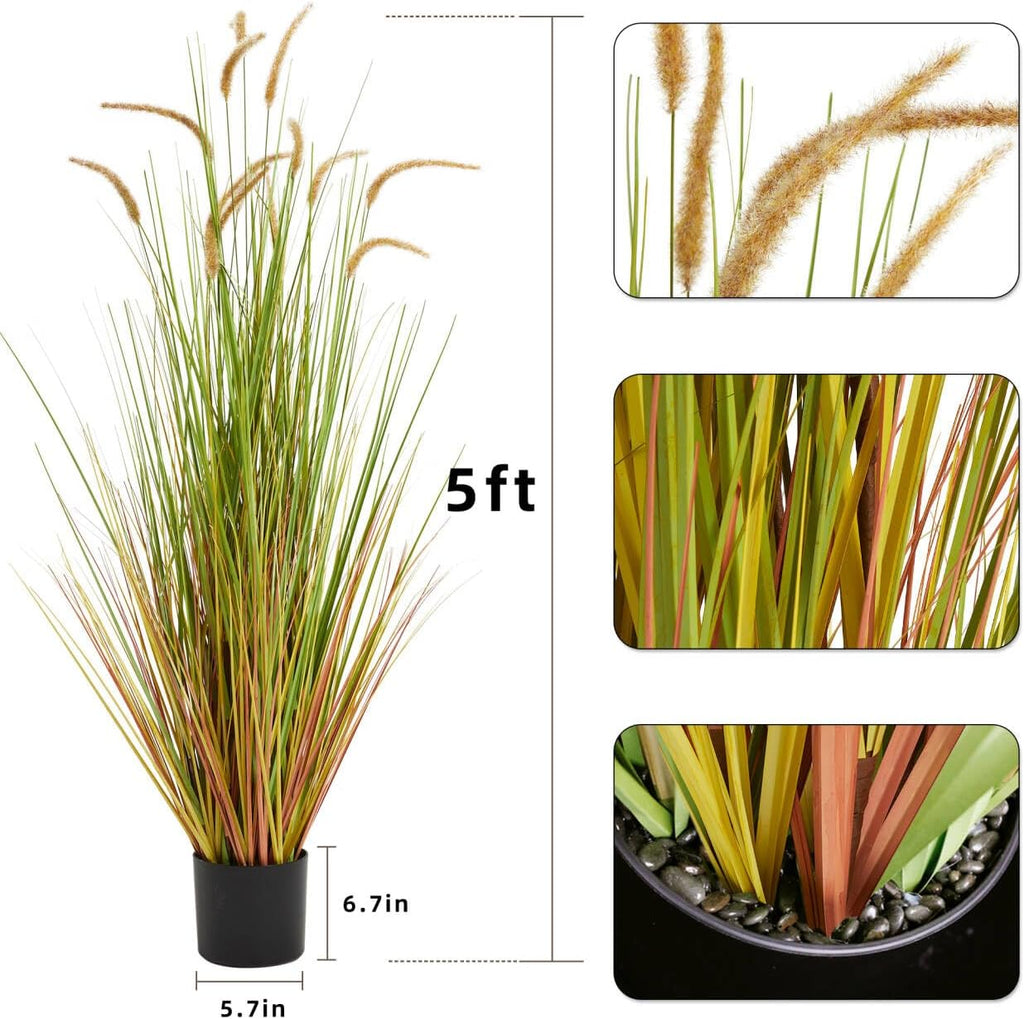KOL Artificial 5ft 2-Pack Horsetail Reed Grass, 59in Tall Artificial Indoor Outdoor Fake Grass Plant, Home Office Décor Artificial Plants in Pot Faux Plant Greenery, Wedding Decor - Yellow
