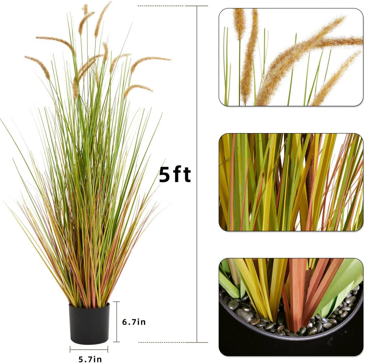 KOL Artificial 5ft 2-Pack Horsetail Reed Grass, 59in Tall Artificial Indoor Outdoor Fake Grass Plant, Home Office Décor Artificial Plants in Pot Faux Plant Greenery, Wedding Decor - Yellow