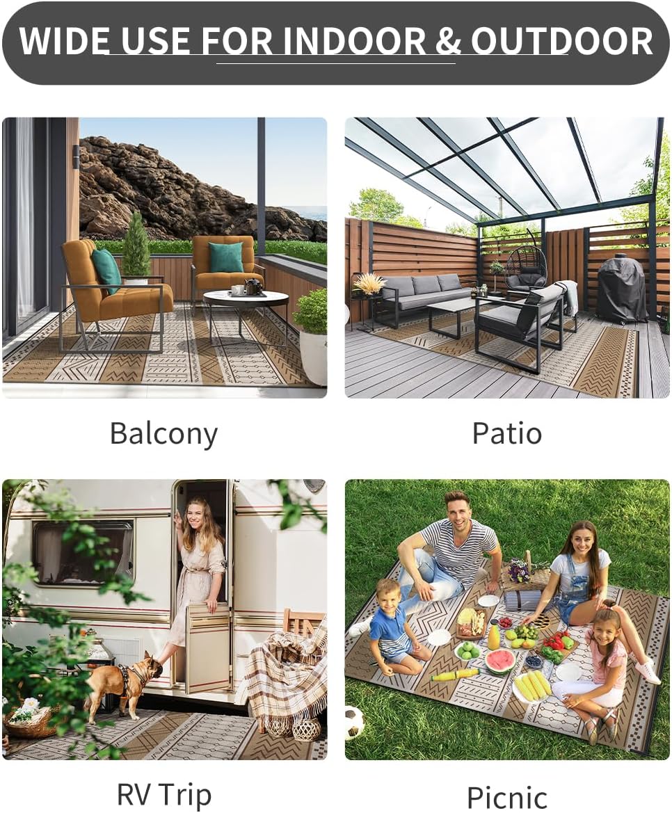 Outdoor Rug Carpet Waterproof 5x8 ft Patio Rug Mat Indoor Outdoor Area Rug for RV Camping Picnic Reversible Lightweight Plastic Straw Outside Rug for Patio Decor Decoration Boho Rug Brown Beige