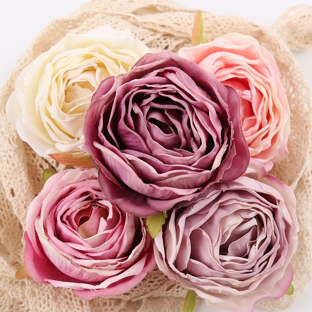 IPOPU Fake Roses 25pcs Vintage Purple Roses Artificial Flower for Decorations Colorful Artificial Roses Silk Flower Heads Bulk with Stems for Wedding Flowers Bouquet Centerpieces (Gradient Purple)