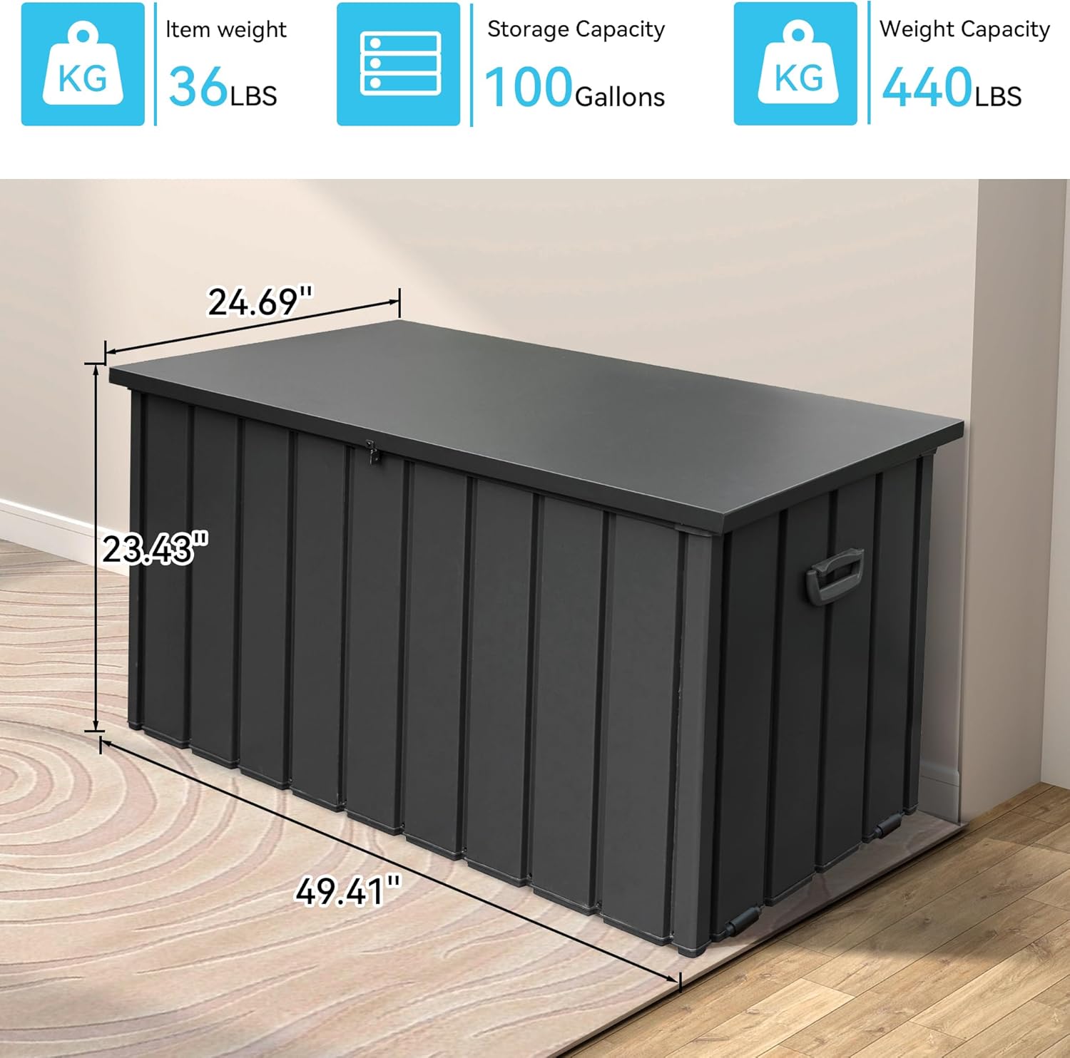 100 Gallon Metal Outdoor Storage Box, Waterproof Steel Deck Box, Large Patio Furniture Storage Cabinet, Lockable Storage Bench for Porch Package Delivery, Cushions, Pool, Tools- Dark Grey