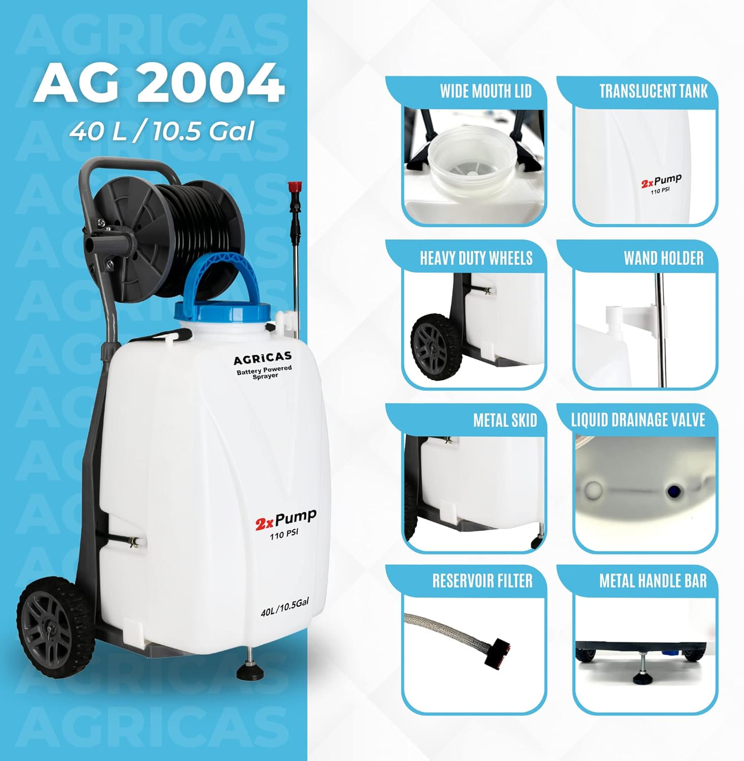 10.5 Gal Battery Powered Sprayer with Double Professional Pump with Wheels, Multifunctional and Portable Weed Sprayer for Lawn & Garden with Adjustable HD Wand and Nozzles