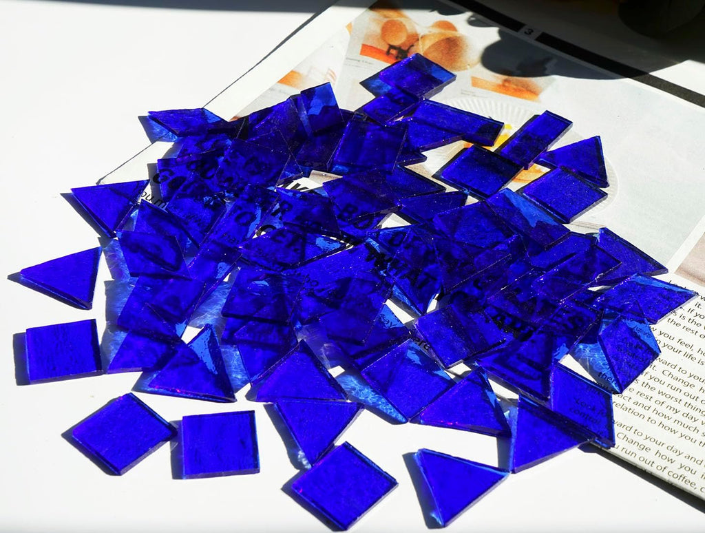Large Size Textured Transparent Glass Tiles, 200g Mixed Shapes Stained Glass Pieces for DIY Mosaic Crafts, 70pcs for Bold Mosaic Projects, Turquoise Blue