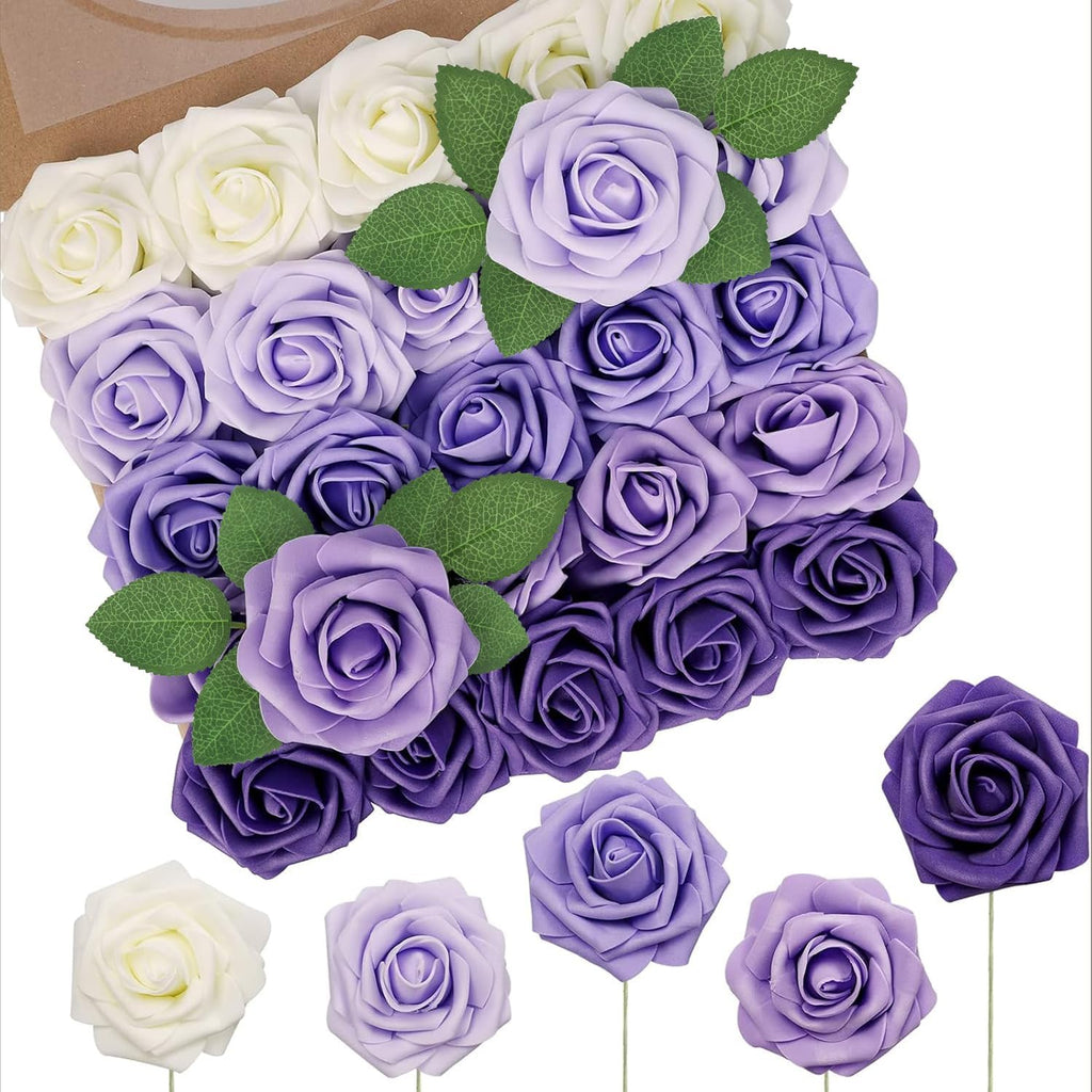 N&T NIETING Artificial Flowers 50Pcs Fake Foam Rose Purple Flowers with Stems Lavender for DIY Wedding Bridesmaid Bridal Bouquets Centerpieces Party Home Decoration(Series Purple)