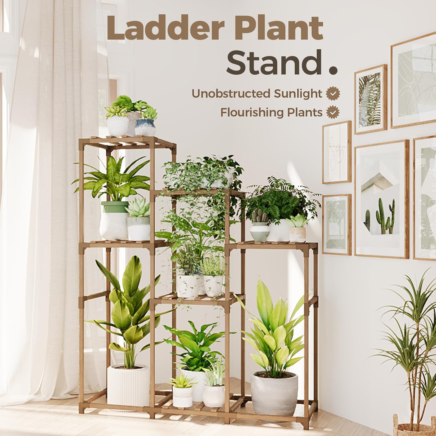 Bamworld Tall Plant Stand Indoor Wood Shelf Outdoor Tiered Rack for Multiple Flowers 5-Tier 7-Pot Ladder Holder for Plant Pots Gardening Decor