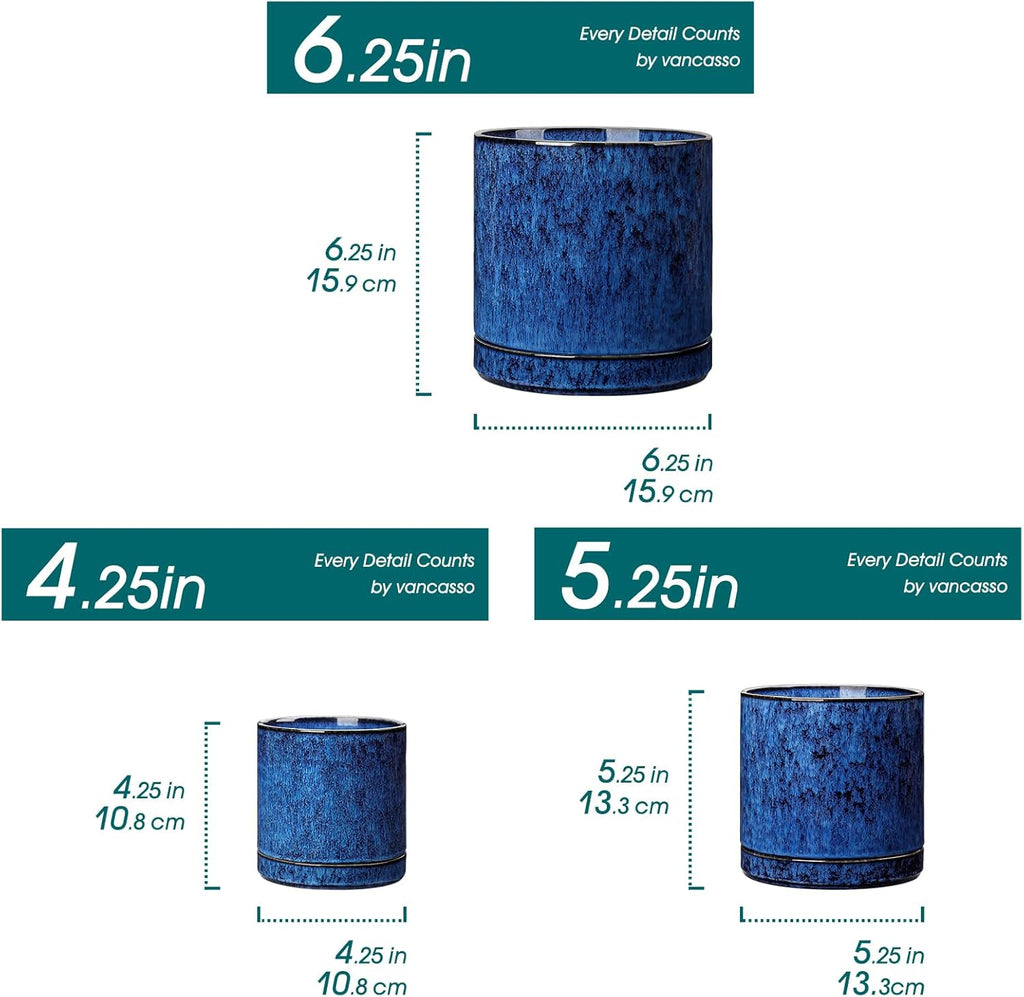 vancasso Ceramic Plant Pots, 3 Piece Planters for Indoor Plants, 4.25+5.25+6.25 Inch Flower Pots with Drainage, Plant Pots Indoor for Succulent, Pothos, Snake Plant and Money Tree, Etc (Blue)