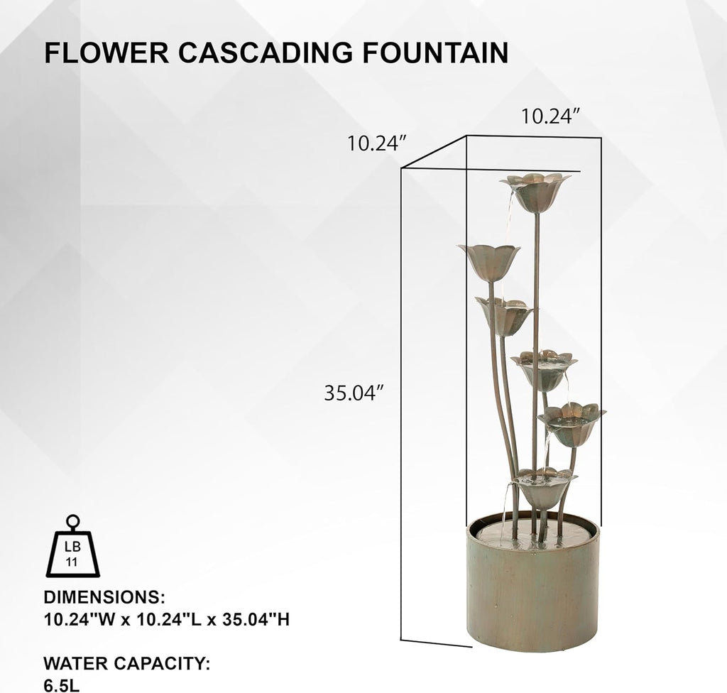XBrand Freestanding Sculptural Metal Multi-Tiered Flower Water Fountain, No LED Lights, Silver, 35" Tall