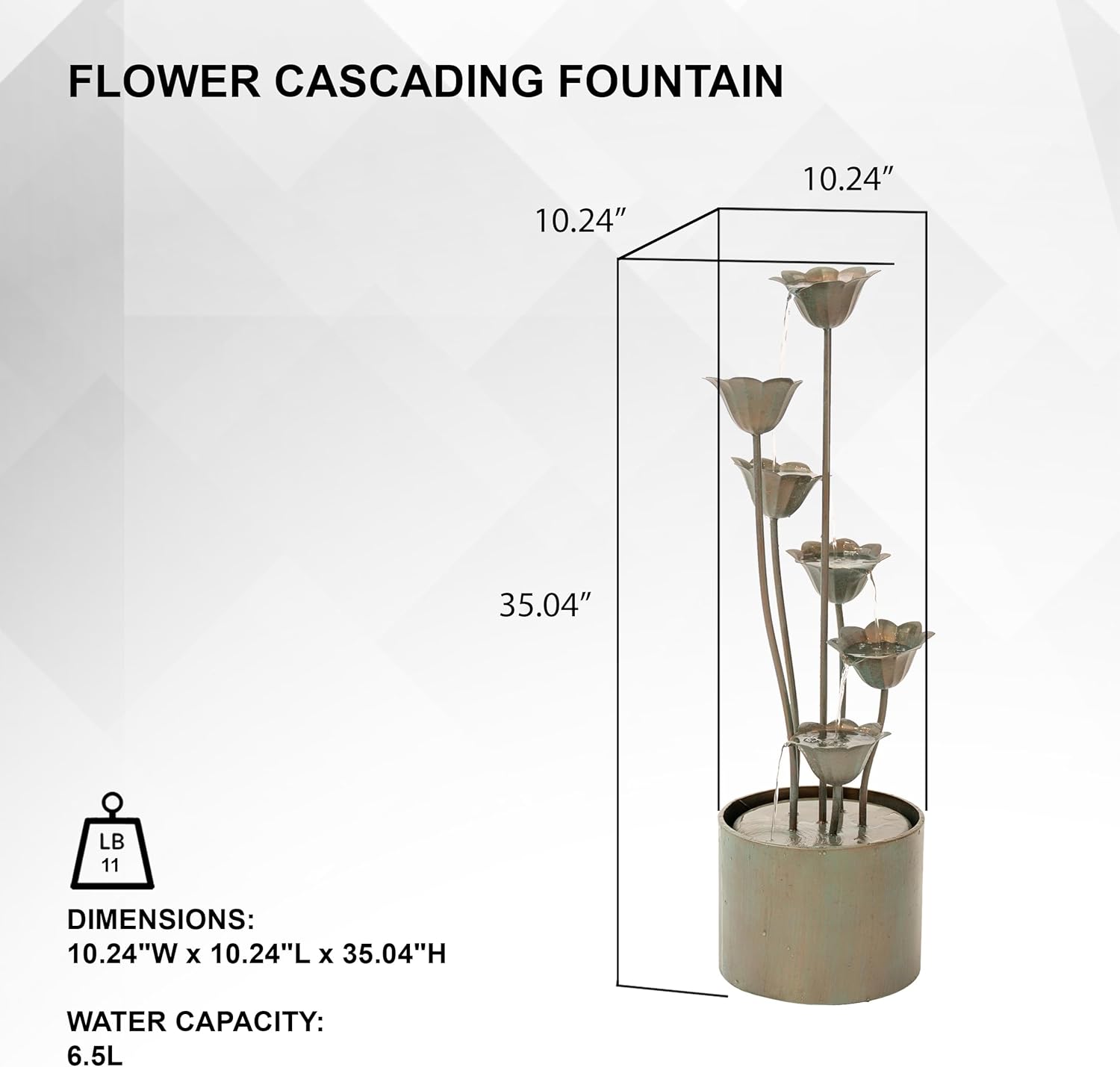 XBrand Freestanding Sculptural Metal Multi-Tiered Flower Water Fountain, No LED Lights, Silver, 35" Tall