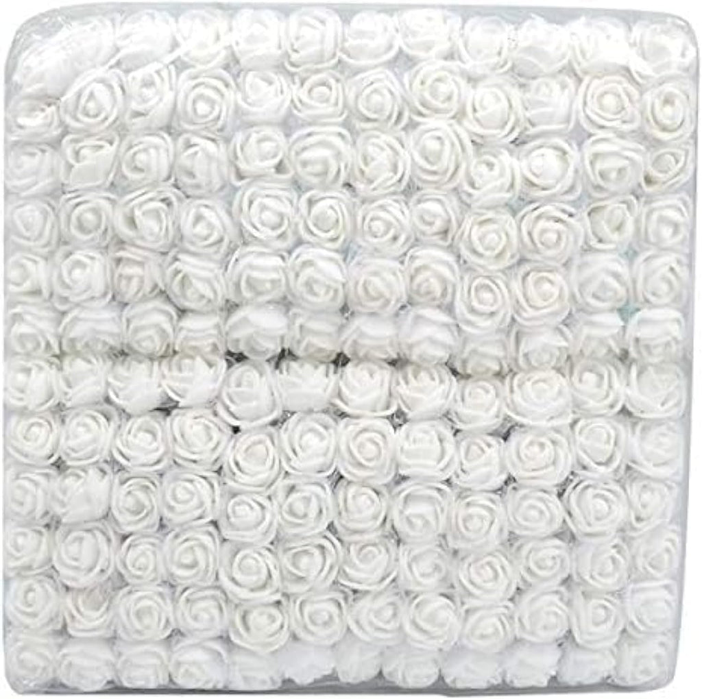 Mini Fake Rose Flower Heads 144pcs Mini Artificial Foam Roses DIY Wedding Flowers Accessories Make Bridal Hair Clips Headbands Dress (Bottom add Gauze) for Valentines Day,Wedding,Bridal Shower (White)