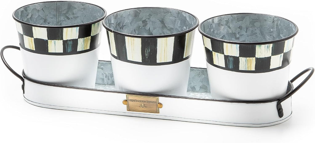 MACKENZIE-CHILDS Galvanized Herb Pots with Tray, Metal Herb Planters, Set of 3, Spectator