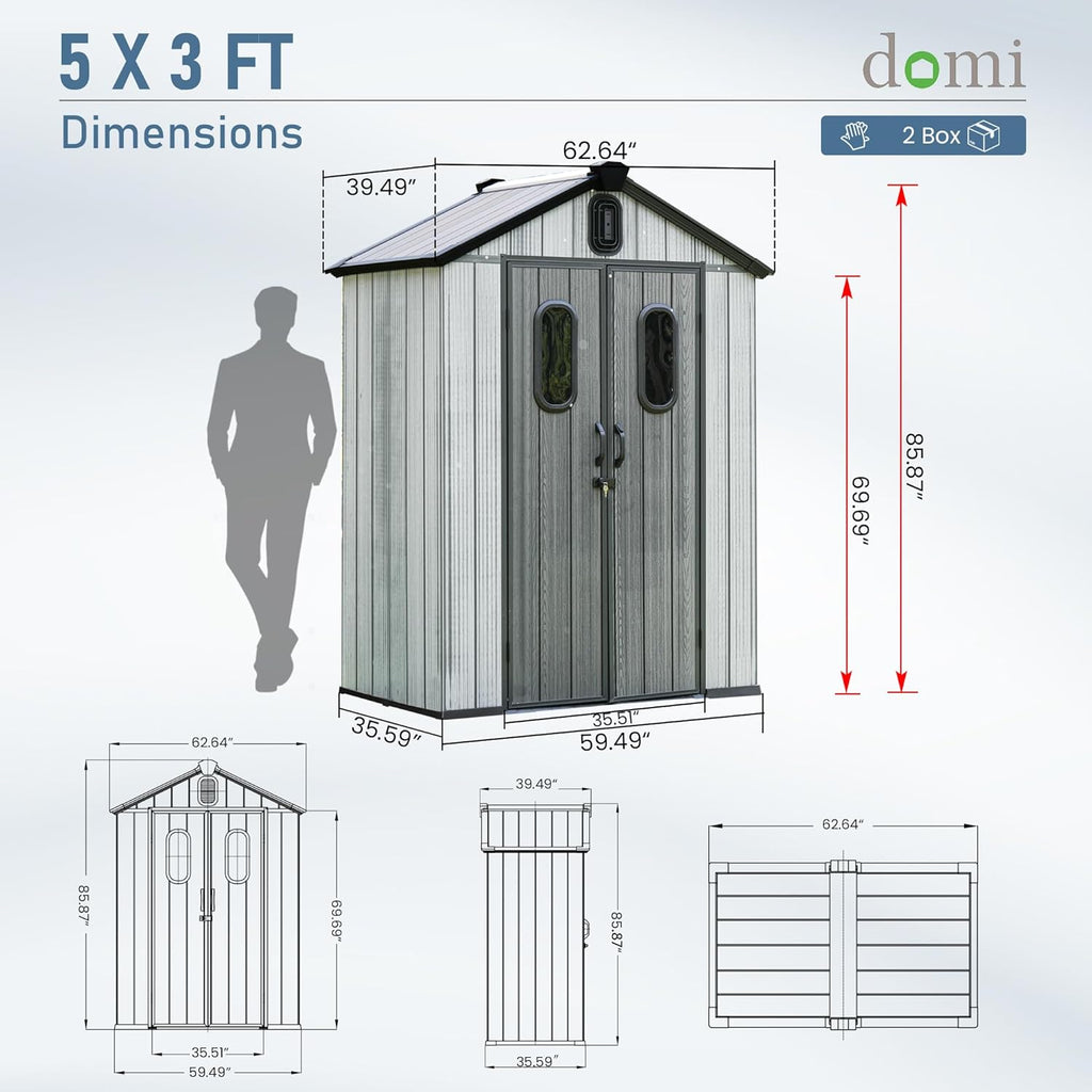 Domi 5x3 FT Outdoor Resin Storage Shed, All-Weather Double-Wall Storage Building for Backyard, Garden, Lawn Tools, Mower, Bike & Pool Equipment, Lockable Doors, Ventilated Roof, Grey
