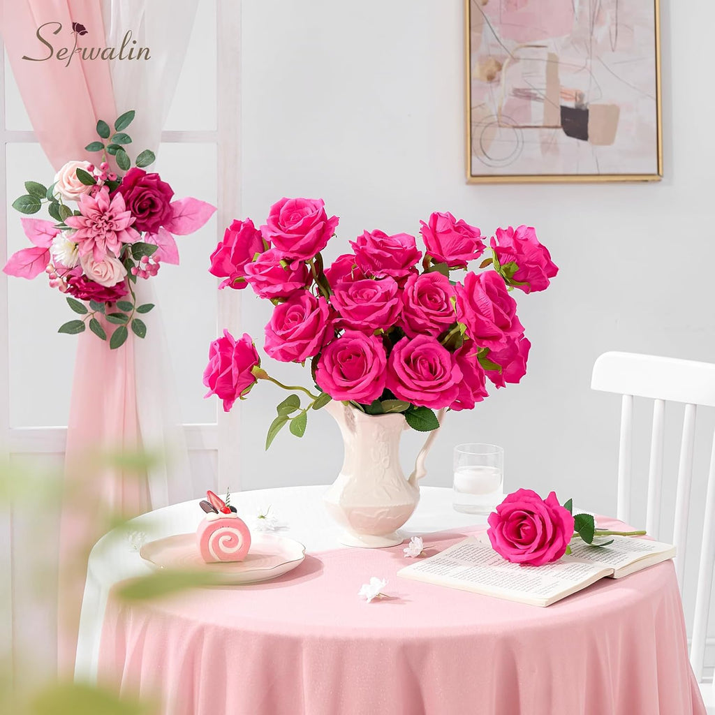 Serwalin 50pcs Artificial Roses Bulk, 4'' Big Velvet Flower Head, Hot Pink Rose Velvet Real Touch, Silk Fake Roses Long Stems Realistic Bouquet for Wedding Table Centerpiece and Home Decor