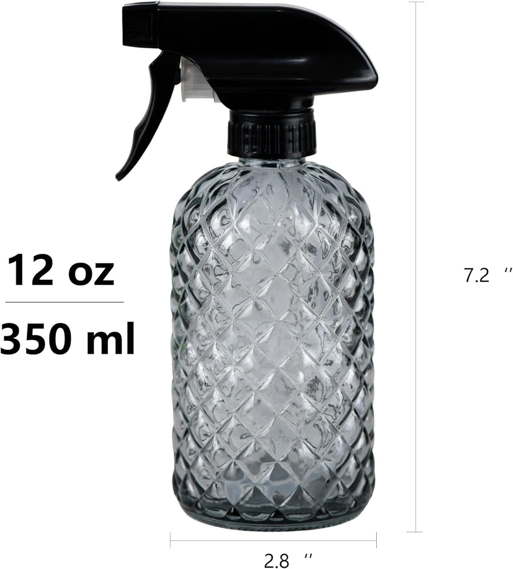 12Oz Glass Plant Spray Bottle, Gem Pattern Glass Sprayer, Watering Can with Black Plastic Top Pump, Handheld Watering Can for Indoor Outdoor Potted Plants and Greenery (Grey)