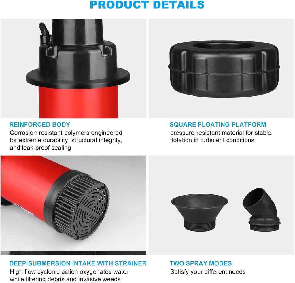 Pond Fountain Aerator 750W, 1HP 15000 GPH Automatic Floating Aerating Pump with Timer, 100FT Power Cord, 2 Spray Patterns, Energy-Efficient Water Circulation for Ponds & Lakes