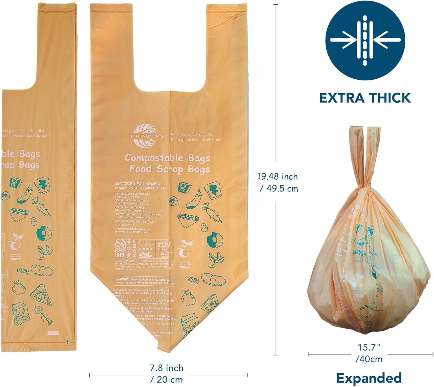 1.6 Gallon Compostable Handle Tie Garbage Bags, Small Trash Bags for Countertop Bin, Extra Thick 0.78 Mils, Certified US BPI ASTM D6400, 6 Liter, 50 Count