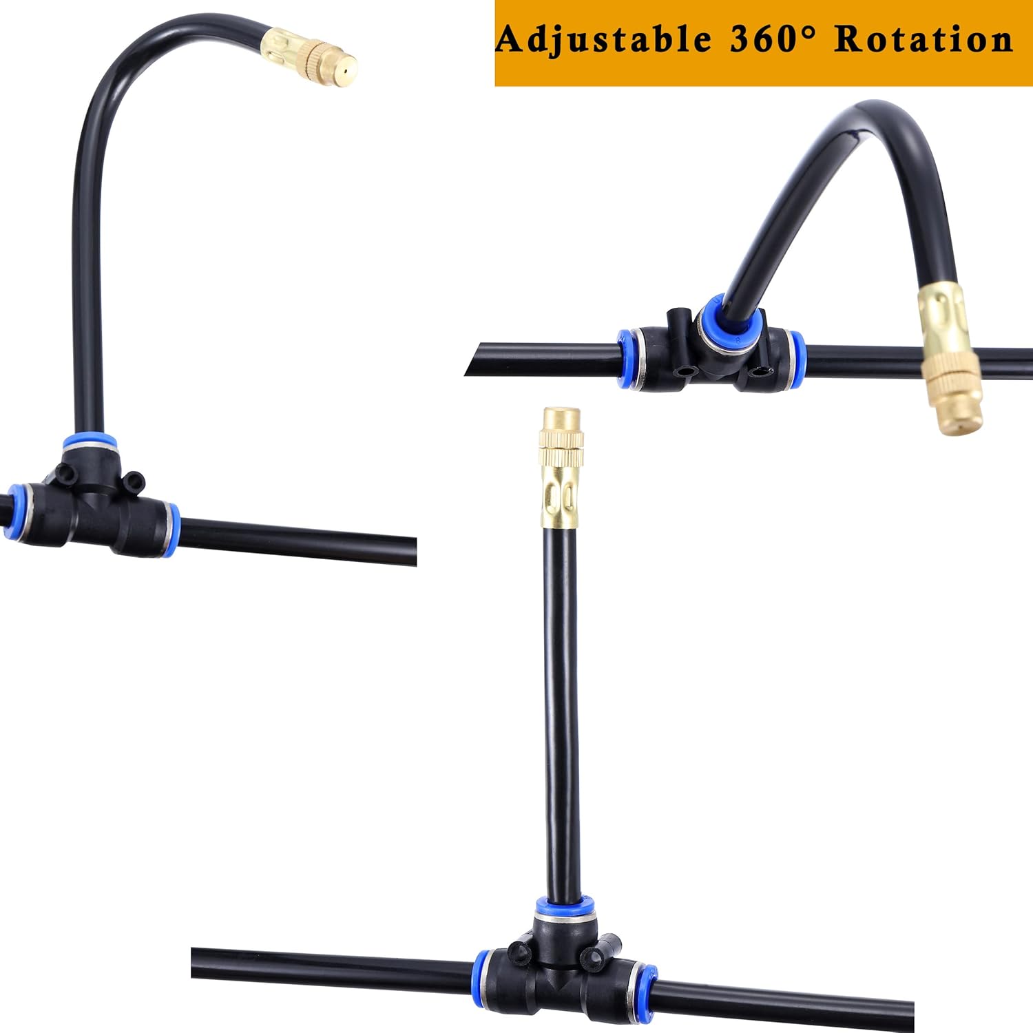 Mornajina 5Packs Brass Misting Nozzles Tee with 8inch Built in Hose for Outdoor Cooling System, Adjustable 360° Rotation, Water Mister Nozzles Thread Sprayer 0.043" (1.1 mm)