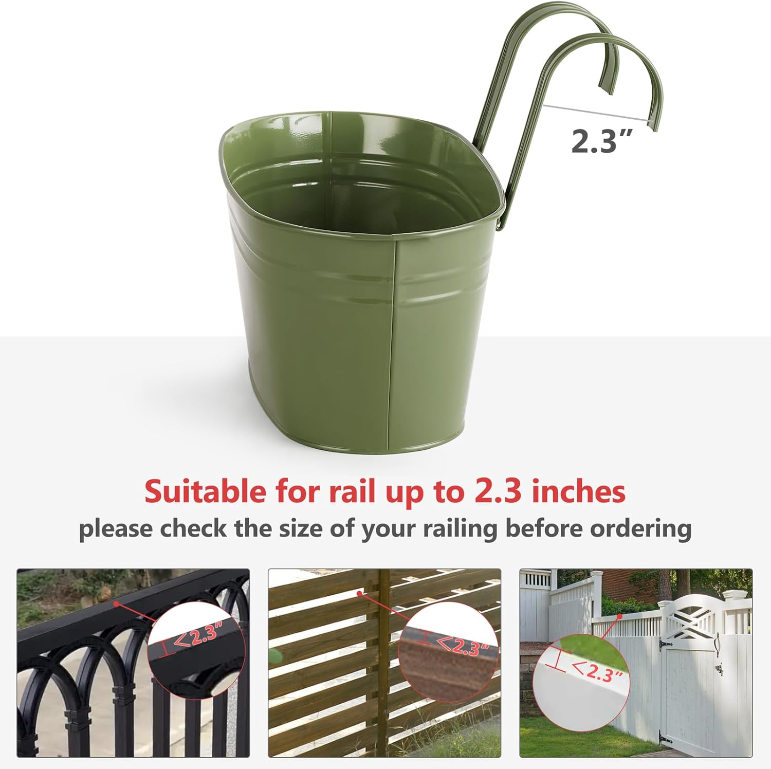 Dahey Metal Iron Hanging Flower Pots for Railing Fence Hanging Bucket Pots Countryside Style Outdoor Planter Window Flower Plant Holder with Detachable Hooks Home Decor,Green,3 Pcs