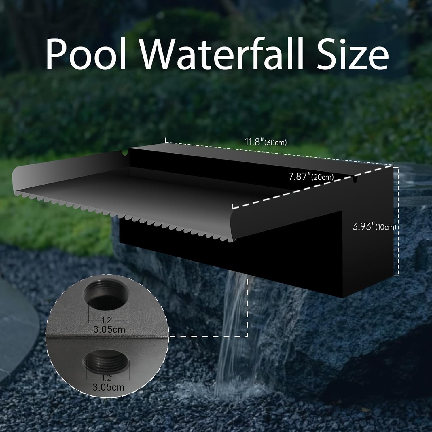 Pool Fountain Stainless Steel Pond Waterfall Spillway Kits for Indoor/Outdoor Decorative, 12 Inches Black Pool Water Feature for Garden Patio, Backyard Koi Pond Decor(No LED Light)