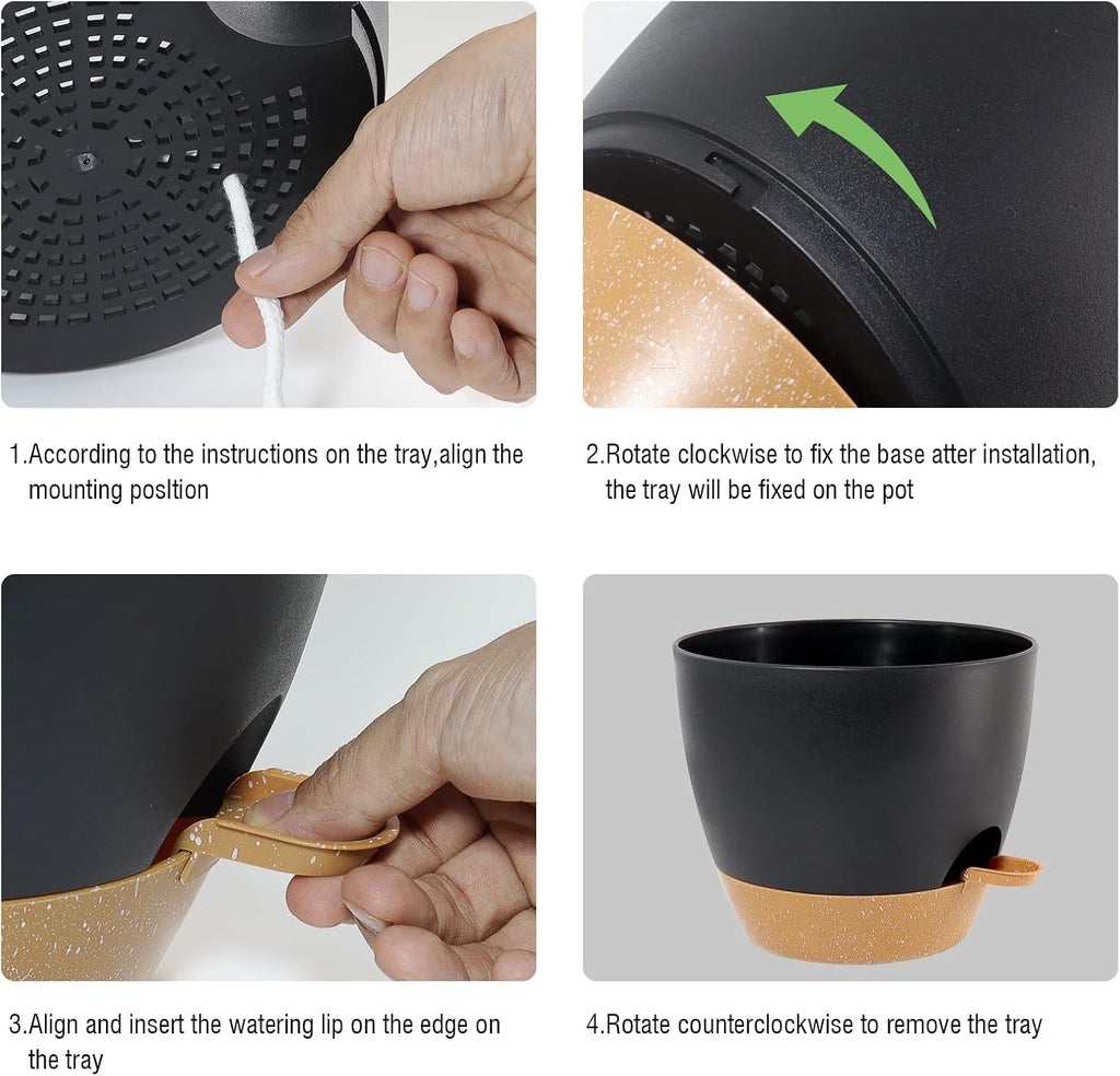 10/9/8 inch Self Watering Pots, Set of 3 Plastic Planters with Mesh Drainage Holes and Deep Reservoir for Indoor Outdoor Garden Plants and Flowers, Black with Brown