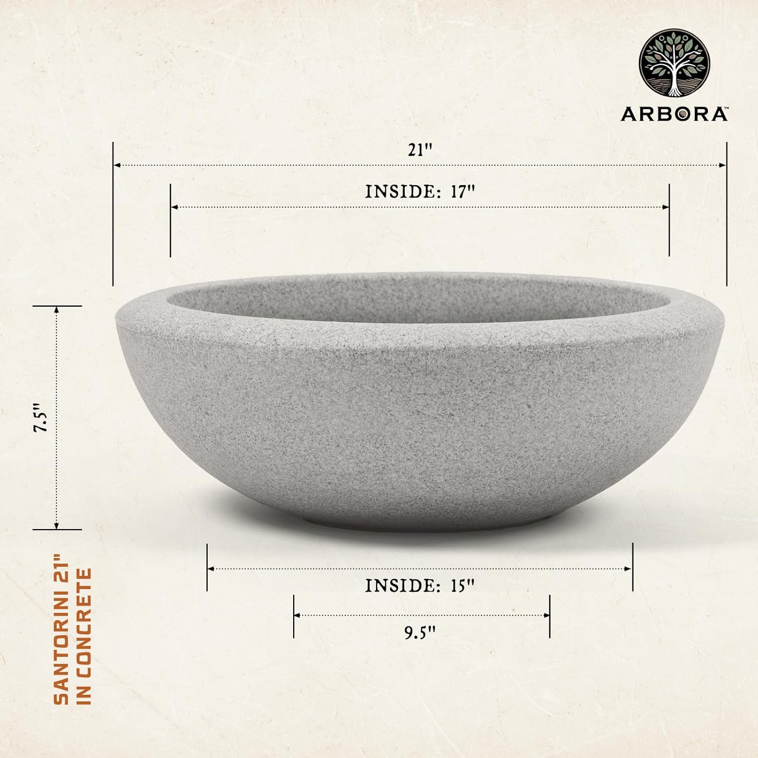 ARBORA 21" Santorini Bowl 2-Pack with Stone Blend Concrete Gray Finish - Polyresin Indoor and Outdoor Planters, Durable, Weatherproof, Lightweight, Large Plant Pots for Patio, Garden, Deck, Entryway