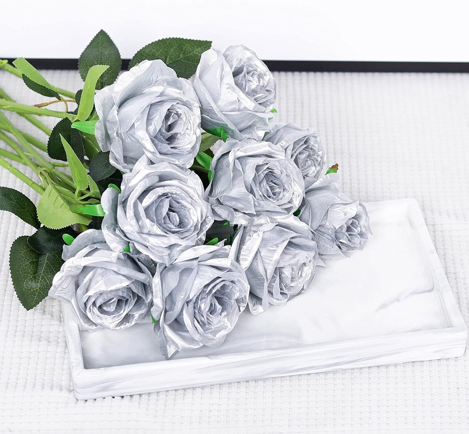 Hawesome 12PCS Artificial Silk Flowers Realistic Roses Bouquet Long Stem for Home Wedding Decoration Party (Silver 1)
