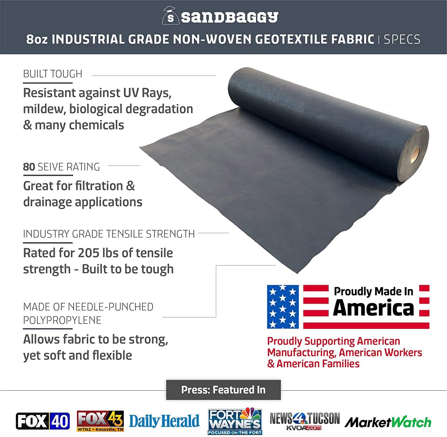 Sandbaggy Geotextile Pond Underlayment Padding | Made in USA | 50 YEAR Life* | Non Woven Fabric Protects Pond Liner From Damage | Made of Industrial Grade DOT Approved Fabric (10 ft x 15 ft or 150 sq ft)