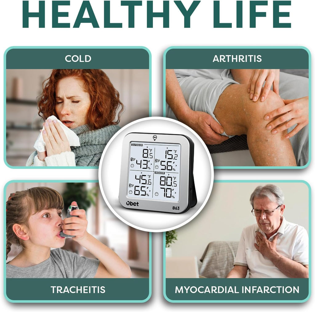 OBET Indoor Outdoor Thermometer Wireless with 3 Sensors Weather Station Temperature Humidity Monitor 500ft Range and Adjustable Backlight and Min Max Data Silver