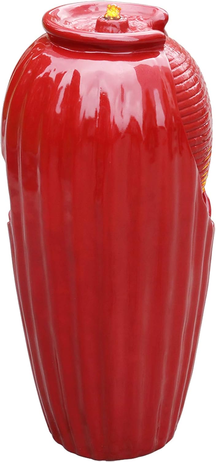 Teamson Home Glazed Vase Floor Freestanding Water Fountain with LED Lights and Pump for Outdoor Patio Backyard Deck Plant Garden Décor, 32 Inch Height, Red