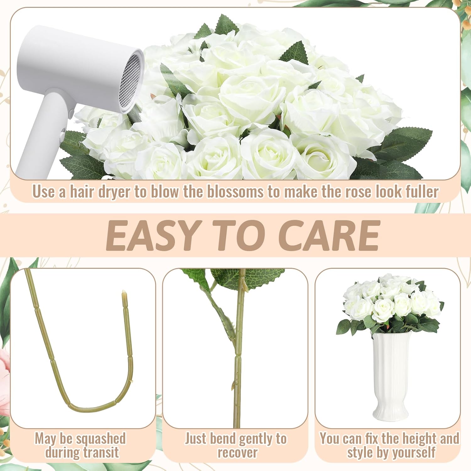 36 Pcs Silk White Rose Bouquet Bridal Artificial Flowers,Fake Rose Long Stem Realistic Artificial Flowers Bulk for Wedding Bouquet Ball Arrangement Centerpiece Party Decor