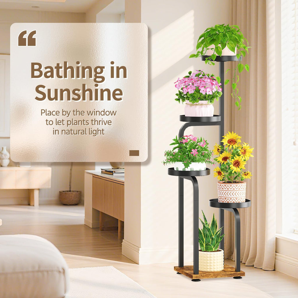 LASZOLA Black 5 Tiered Tall Plant Stand Indoor with Heavy Duty Metal Tray, Large Multi Level Vertical Planter Rack for Narrow Corner, Sturdy Rustic Tall Orchid Flower Shelving Holder for House Decor