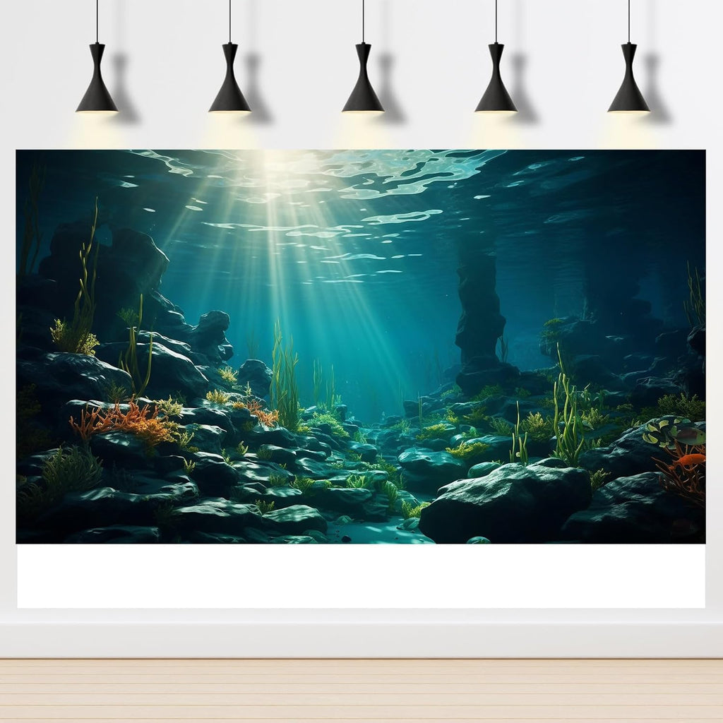 Aquarium Background Ocean Floor Fish Tank Background Underwater Coral Reef Stone Aquarium Backdrop Seaweed Background Sunlight Tank Backdrop Perfect Aquarium Backdrop Durable Vinyl 48x18in