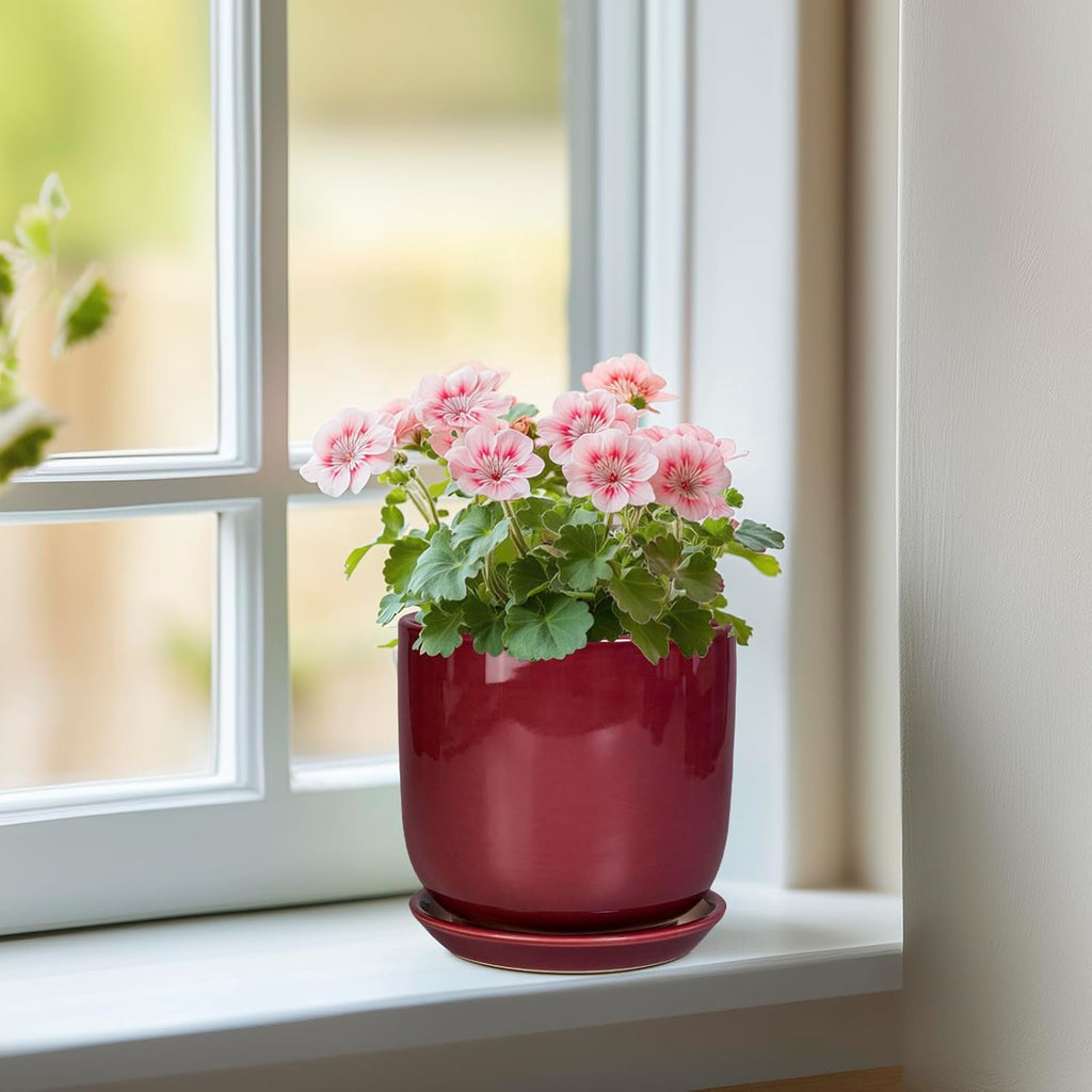 Ceramic Plant Pot - 5 Inch Modern Round Planter for Indoor Plants with Drainage Hole and Saucer, Patio Office House Room Bathroom Decor, Red