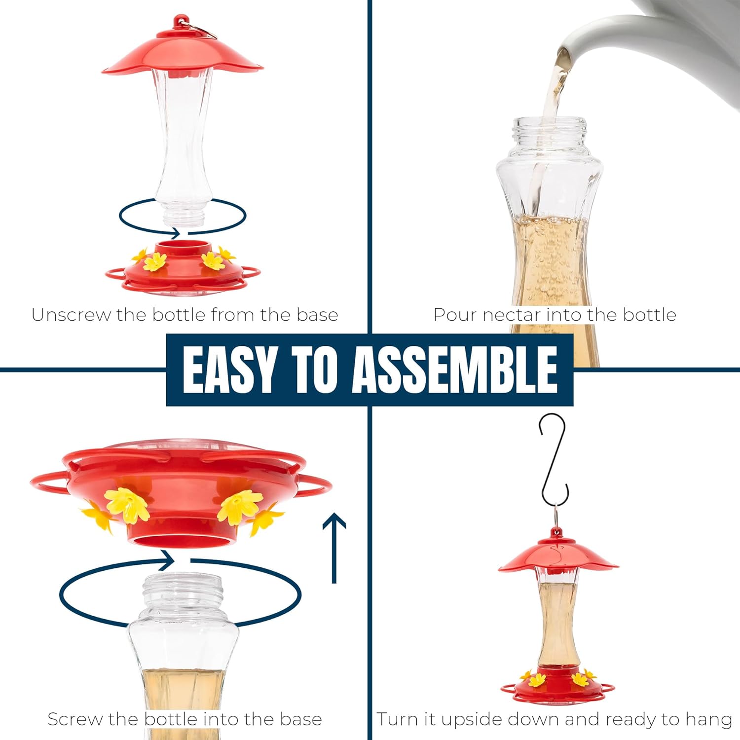 MEKKAPRO Hummingbird Feeders for Outdoors Glass - Red Hummingbird Feeders for Outdoors, Metal Ring, Bee-Proof Design, Easy Assembly, Red Hummingbird Feeder 10 oz (2-Pack)