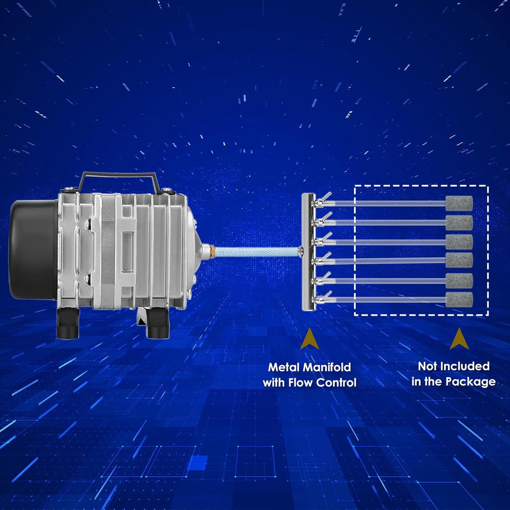 Aquarium Air Pump with Aluminum Housing, Commercial Air Pump with 6-Outlet Air Manifold, Pond Aerator Fish Tank Bubbler for Aquarium, Pond, Hydroponics (1250GPH-45W)