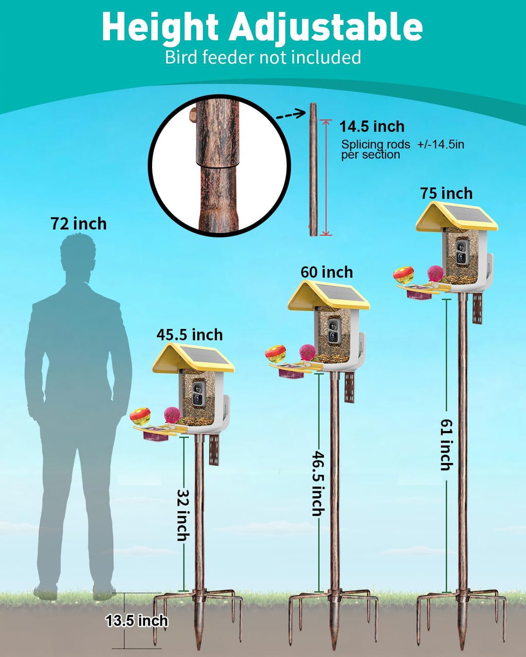 Bird Feeder Pole – 75 Inch Height Bird House Pole with 1-Inch Dia Heavy Duty for Birdfeeders, Feeding Stand with Mount Kit for Outdoor, Slip-Fit Connection, Copper Brushed
