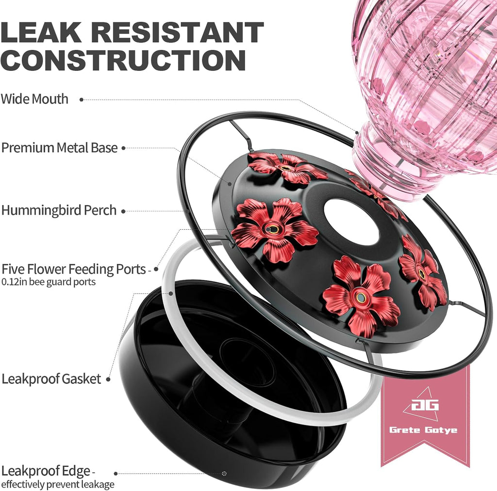 Glass Hummingbird Feeder for Outdoors Hanging, Bird Nectar Feeder with Perch & 5 Flower Feeding Ports, 26 Oz Leak Proof for Outside Garden Decor Backyard, Gifts for Women Mom, Pink