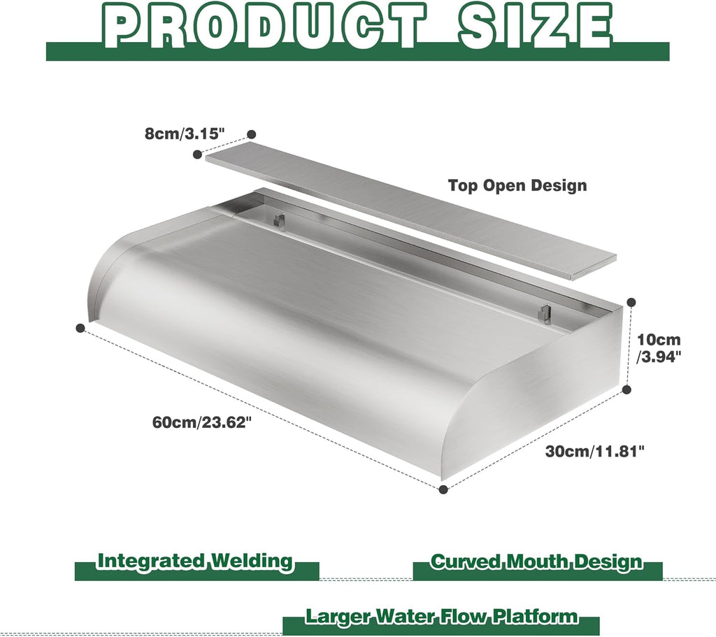 Pool Fountain Waterfall Spillway with Wider Water Flow Platform, Stainless Steel Waterfall with Pipe Connector Kits, Water Feature Spillway for Garden Decor, Patio, Ponds, 23."x11.8"x3.9"