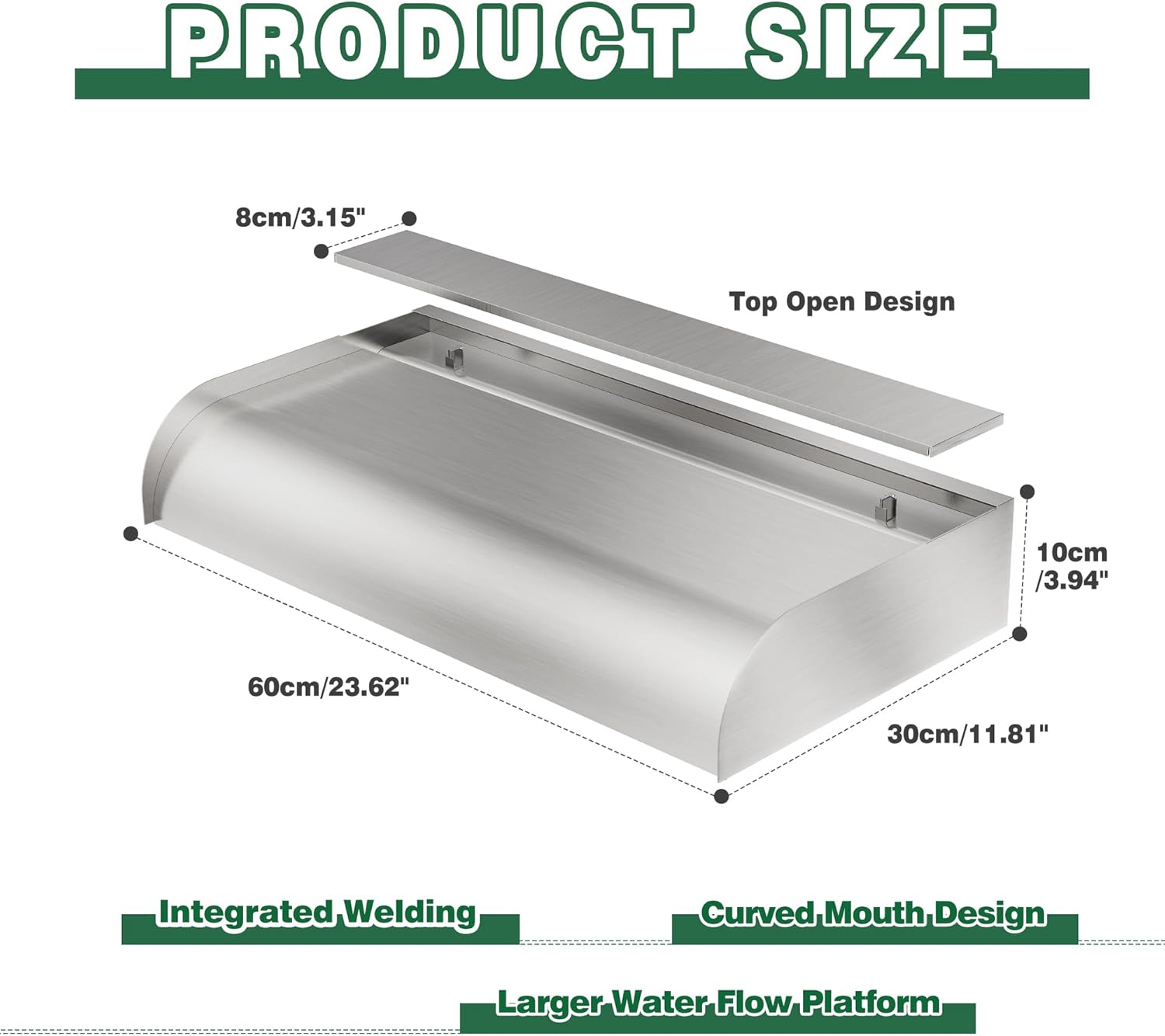 Pool Fountain Waterfall Spillway with Wider Water Flow Platform, Stainless Steel Waterfall with Pipe Connector Kits, Water Feature Spillway for Garden Decor, Patio, Ponds, 23."x11.8"x3.9"