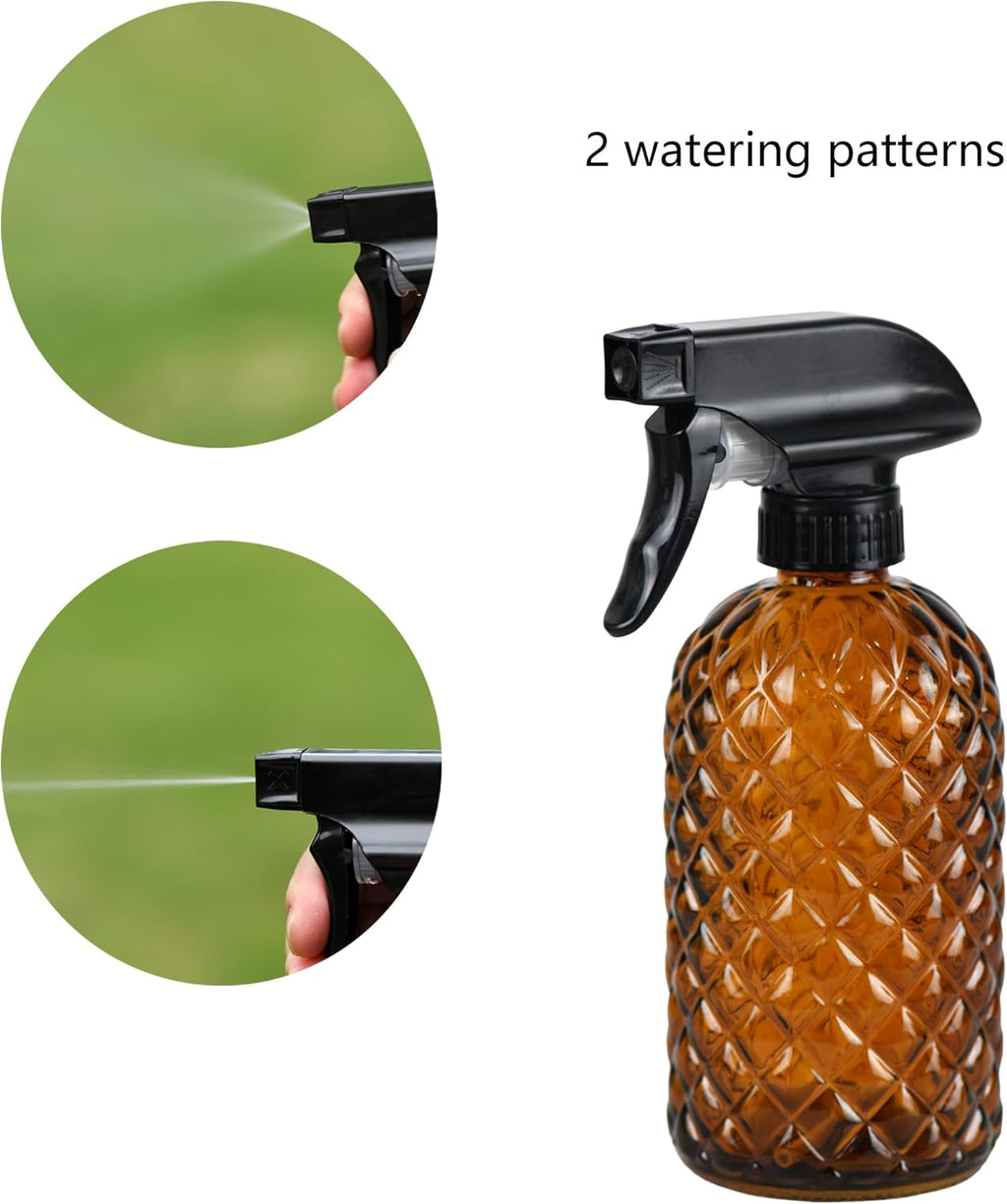 12Oz Glass Plant Spray Bottle, Gem Pattern Glass Sprayer, Watering Can with Black Plastic Top Pump, Handheld Watering Can for Indoor Outdoor Potted Plants and Greenery (Amber)