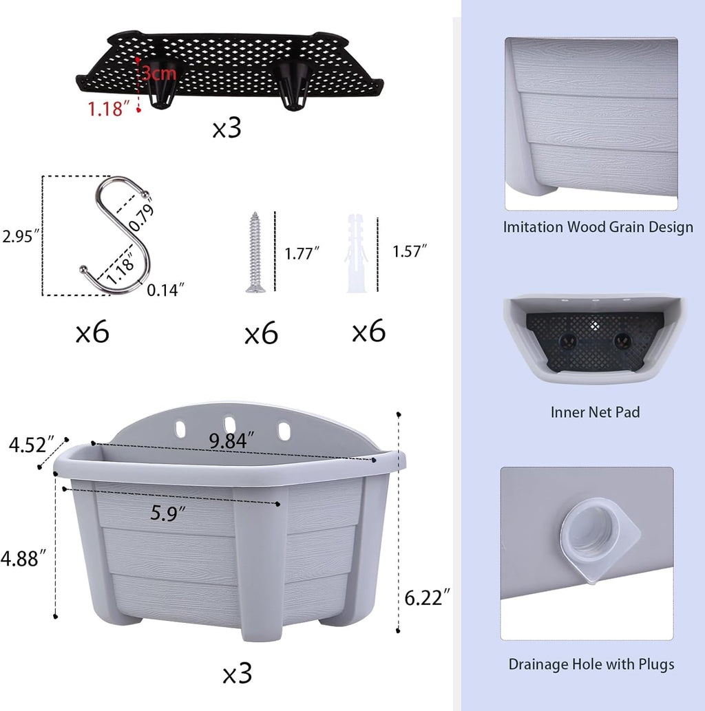 summer flower 3Pcs Hanging Plant Pots,Hanging Flower Pot with Detachable Hooks,9.84" Wall Planters for Balcony Decor Garden Yard(Gray)